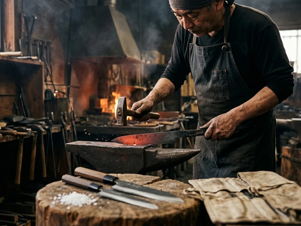 Japanese artisan blacksmith hammering glowing hot steel on an anvil in a traditional knife forge workshop.